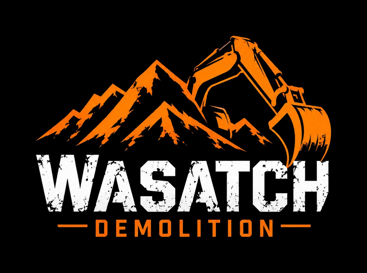 New Wasatch Demolition logo: orange mountains and excavator arm over distressed lettering